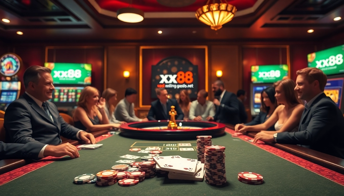 Experience thrilling gaming action at https://xx88.se.net with vibrant casino visuals featuring poker tables and slot machines.