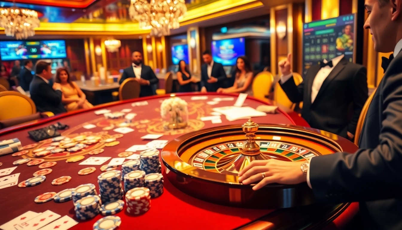 MB66 online gaming ambiance with poker chips and roulette wheel in a luxurious casino setting.