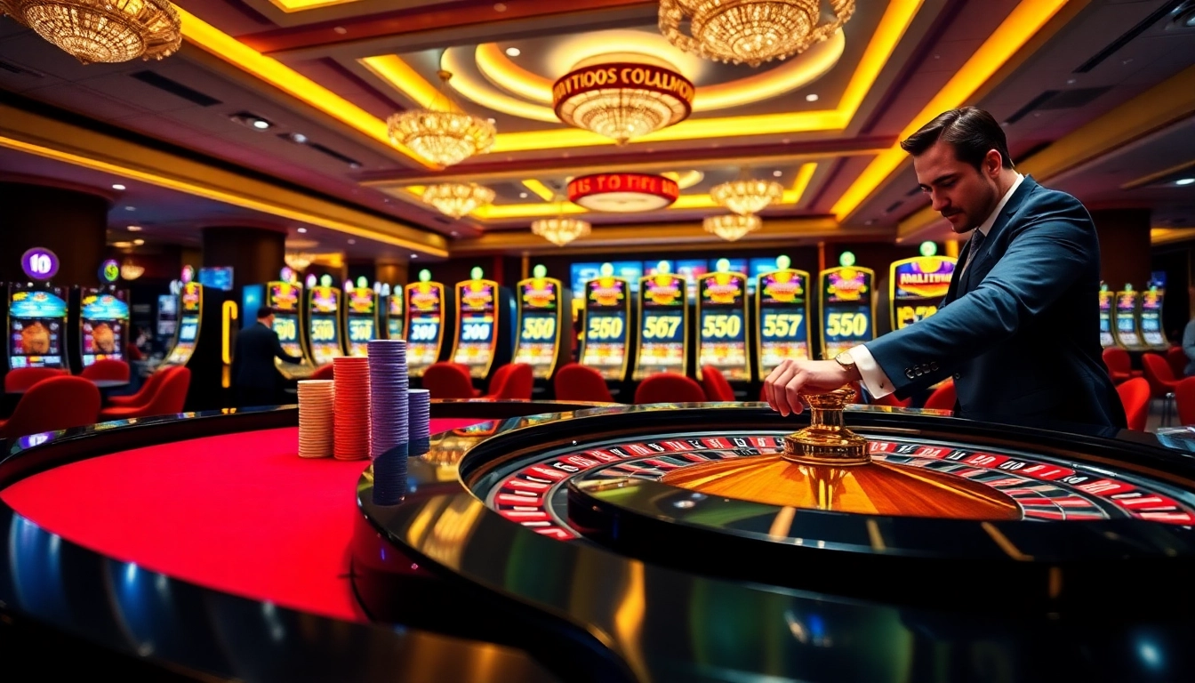 Experience thrill at tt88.gr.com with an elegant casino scene showcasing roulette and slot machines.