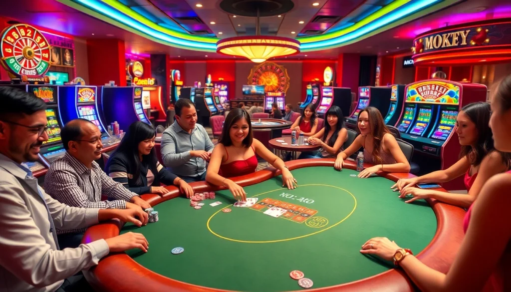 Players enjoying a thrilling game at a j88 poker table, amidst colorful casino visuals.