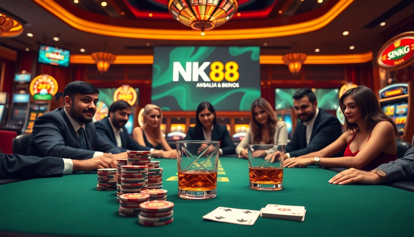 Experience the thrill of NK88 as players engage in high-stakes poker at a luxurious casino.