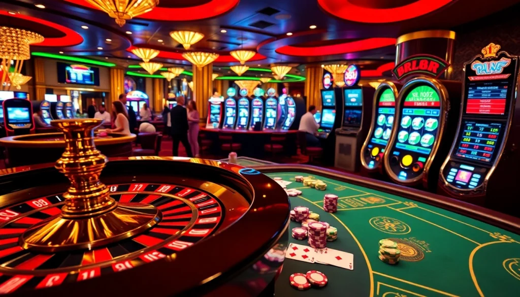 Experience the excitement of gambling with tr88 in a luxurious casino setting filled with poker tables and roulette wheels.