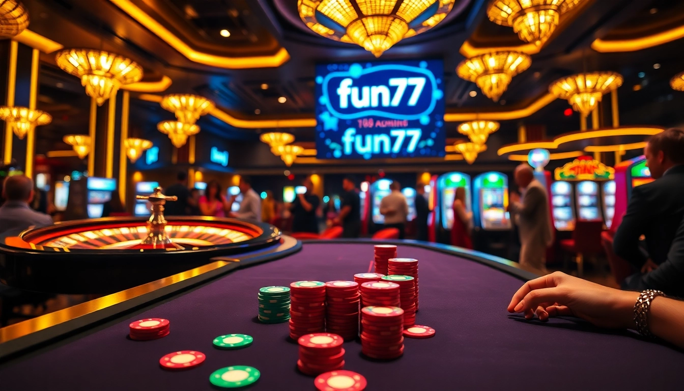 fun79 showcases a bustling casino atmosphere with poker chips and a roulette wheel