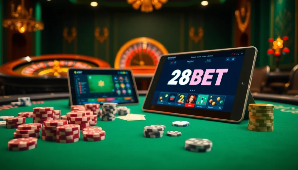 Experience the excitement of 28BET with a luxurious casino table and immersive online gaming.