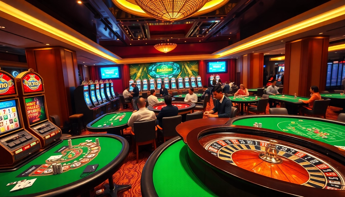 NK88 players enjoying an exciting casino game at an elegant poker table, with vibrant slot machines in the background.