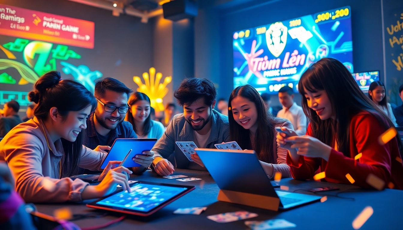 Dynamic online gaming scene featuring gamebaidoithuong.com.vc with diverse players and vibrant graphics.