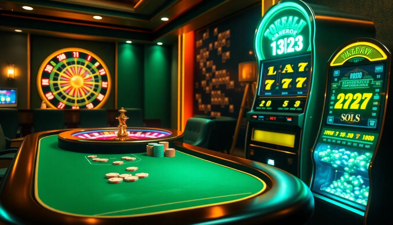 Players engaging with an exciting online casino at 123b with vibrant games and luxurious design.