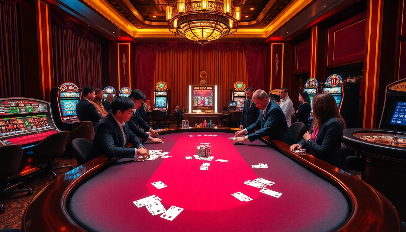 Engaging casino players at a poker table promoting https://winvn.wiki with vibrant slot machines in the background.