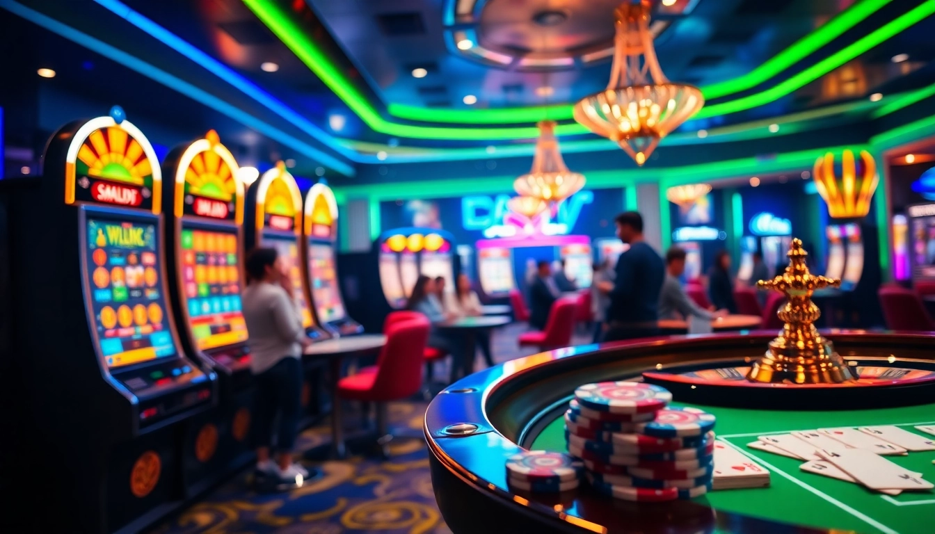Experience the thrill at https://mb66.ski/ with vibrant slot machines and a roulette wheel in action.
