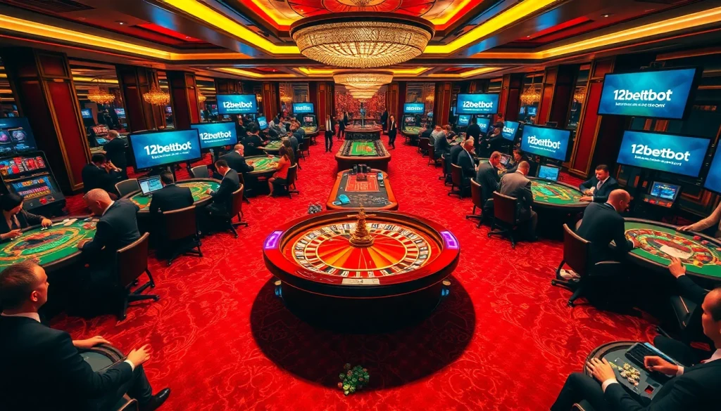 Excited gamblers at a lavish casino experience with betting at https://12bett.bot/ displayed on screens.