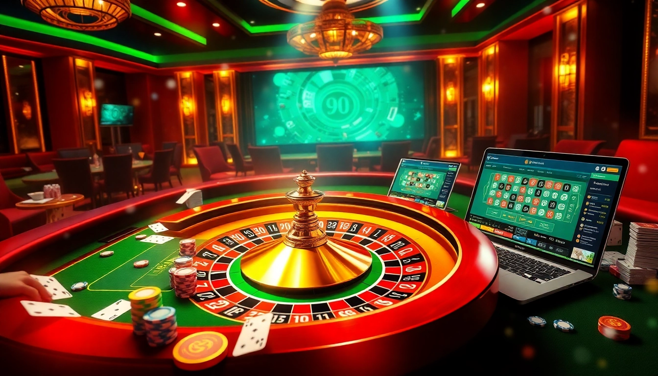 Exciting online gambling scene at https://99okwin.live with poker tables and vibrant casino elements.