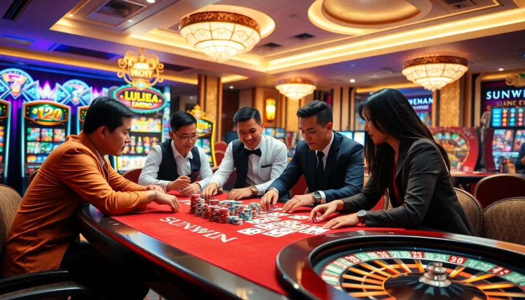 SUNWIN players enjoying an engaging poker game in a vibrant casino environment.