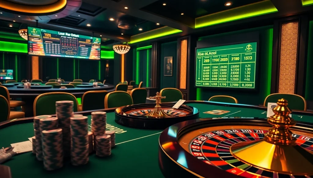 Experience high-stakes excitement at a keonhacai gambling table with poker chips and a roulette wheel.