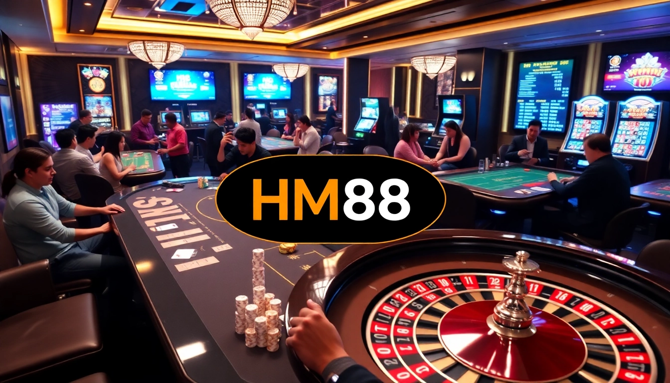 HM88 casino players enjoying slots and table games in a vibrant, luxury gaming environment.