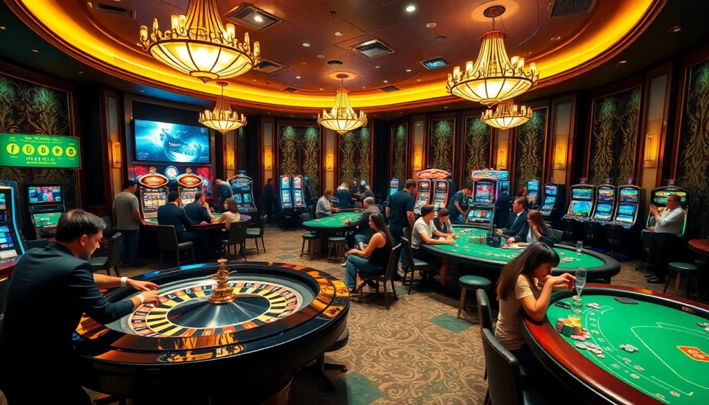 Players enjoying the thrill of 'lo de uy tin' at a vibrant casino with roulette and poker tables.