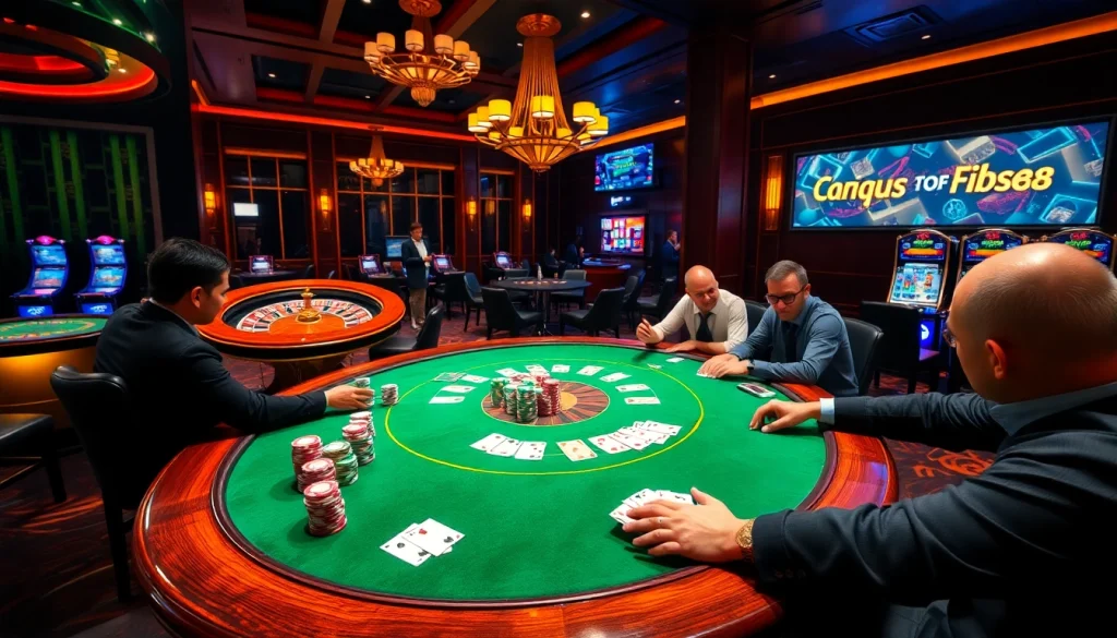 Players engaged in an exciting poker game at Fb88 casino, showcasing luxury and vibrant atmosphere.