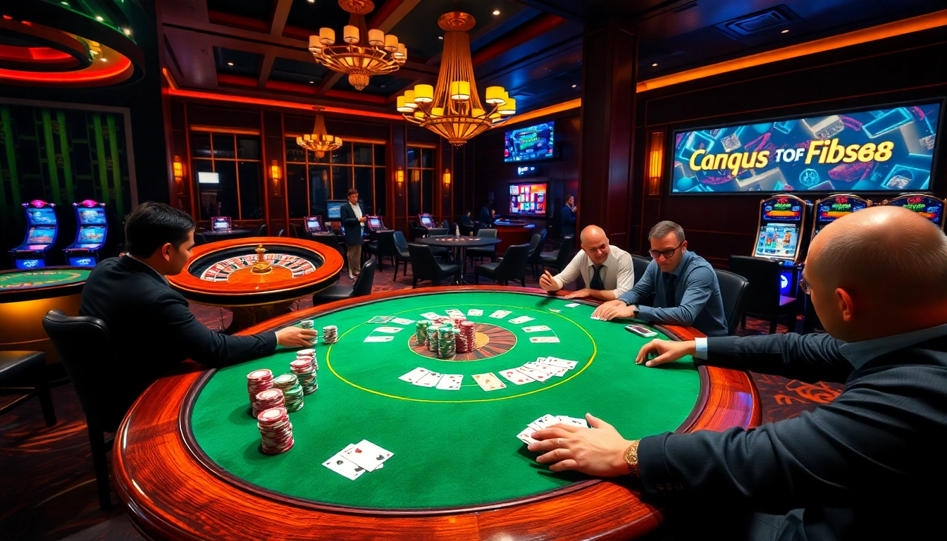 Players engaged in an exciting poker game at Fb88 casino, showcasing luxury and vibrant atmosphere.