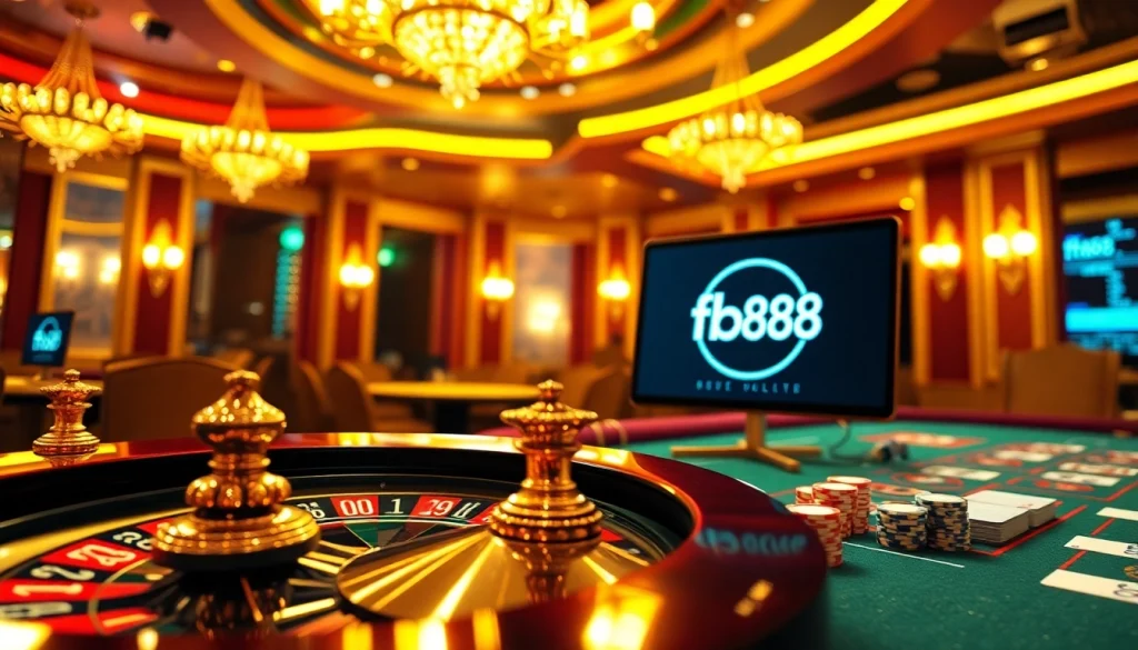 Experience excitement at fb88 with a vibrant casino scene showcasing poker, roulette, and online gambling.