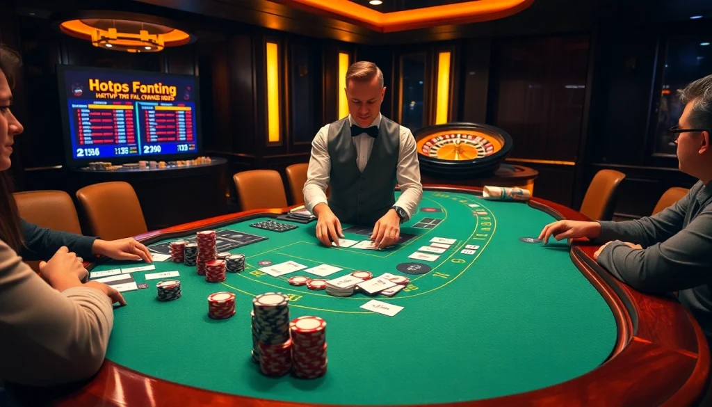 Skilled dealer managing blackjack chips and cards with https://tg88.actor/ odds display in a luxurious casino scene