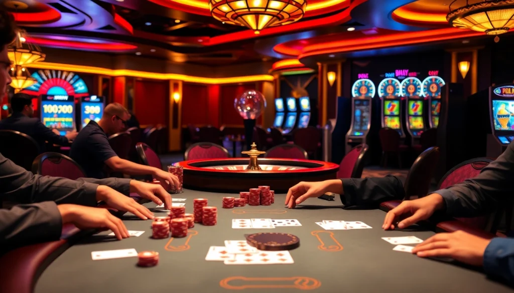 Players enjoying a thrilling poker game at the 8day casino, with vibrant chips and cards.
