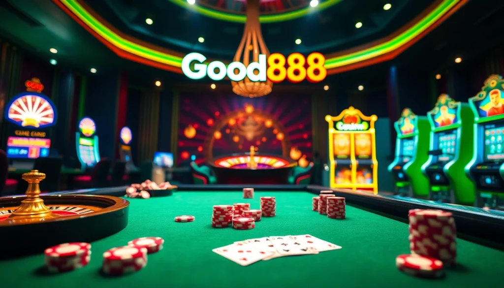 Good88 features an exciting online casino experience with vibrant poker tables and slot machines.