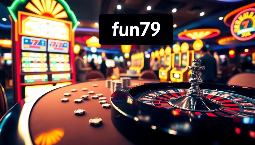 Experience the excitement of casino gaming at fun79, featuring vibrant slot machines and a lively gaming table.