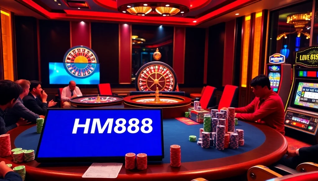 Players intensely engage at a luxurious casino table while the HM88 gaming interface enhances their experience.