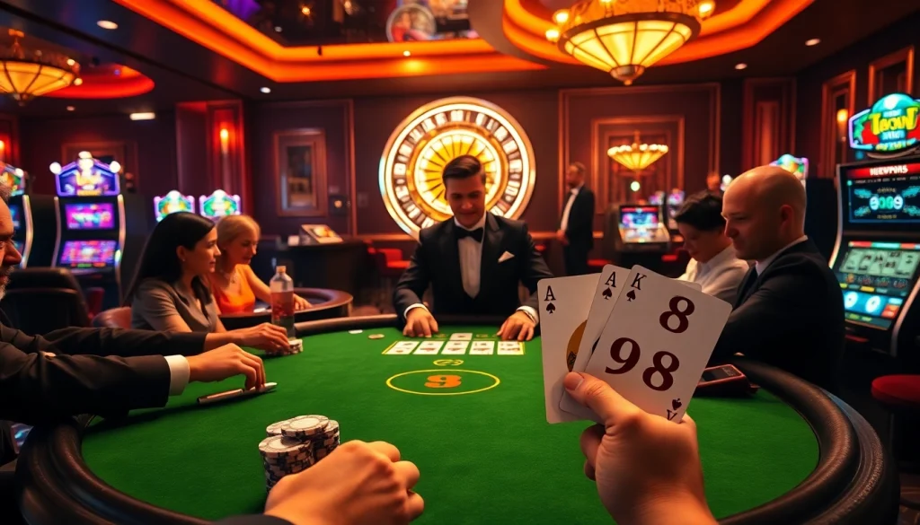 M98 poker players bet big at a luxurious casino table under warm lights.