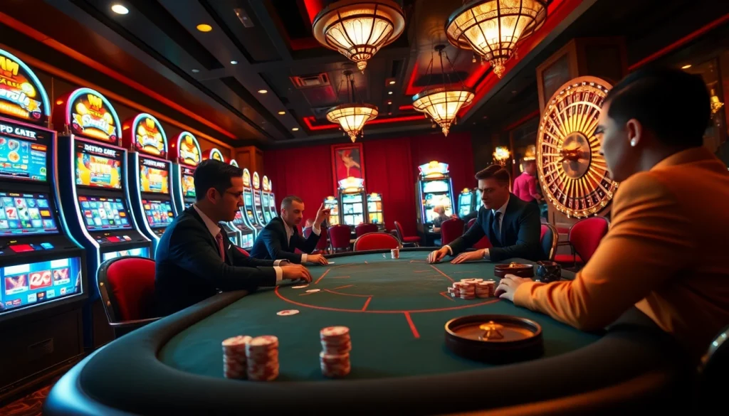 Experience high-stakes poker action at hitclub's luxurious casino scene, featuring elegant players and vibrant slot machines.