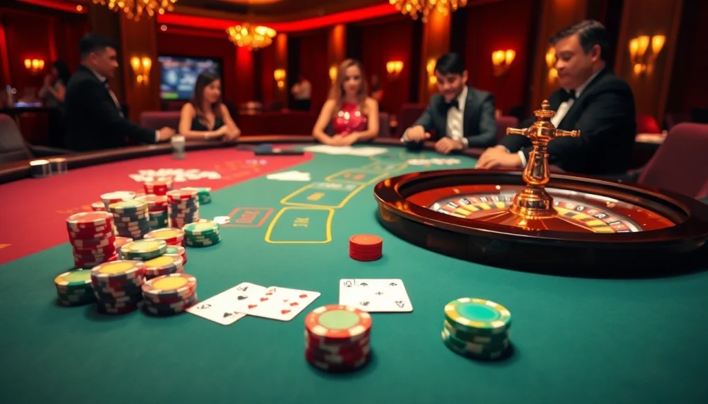 Experience high-stakes play at tv88.page with a luxurious casino scene showcasing vibrant tables and dynamic games.