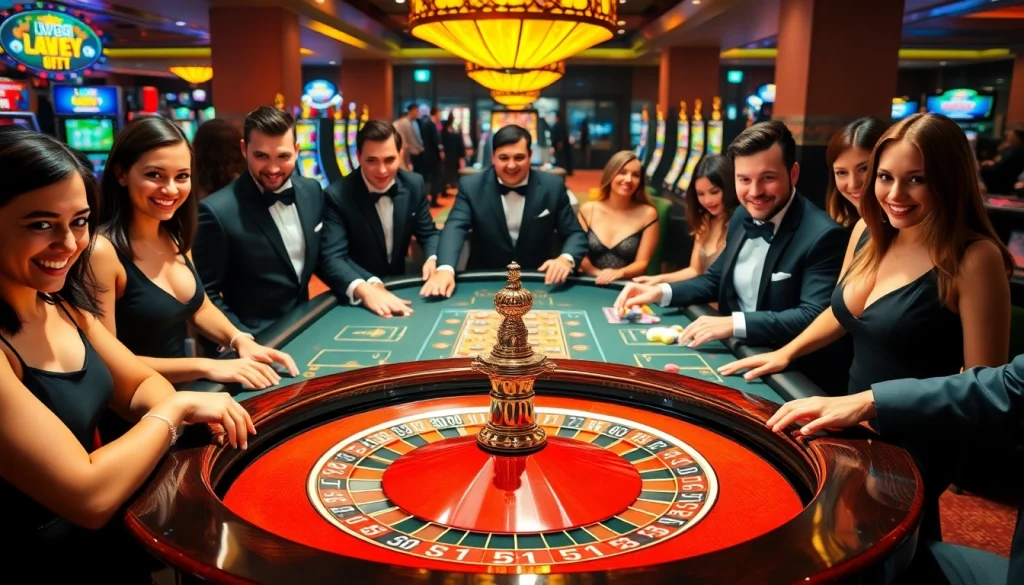 Players enjoying their bets at the LV88 casino roulette table amidst vibrant slot machines.