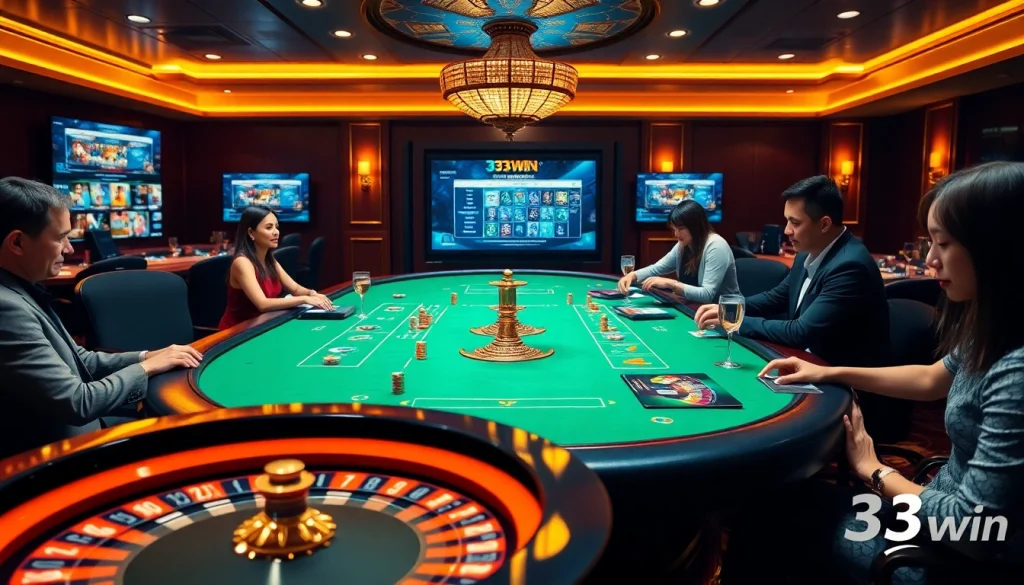 Engaging players in thrilling card games at 33win, showcasing a luxurious casino atmosphere.