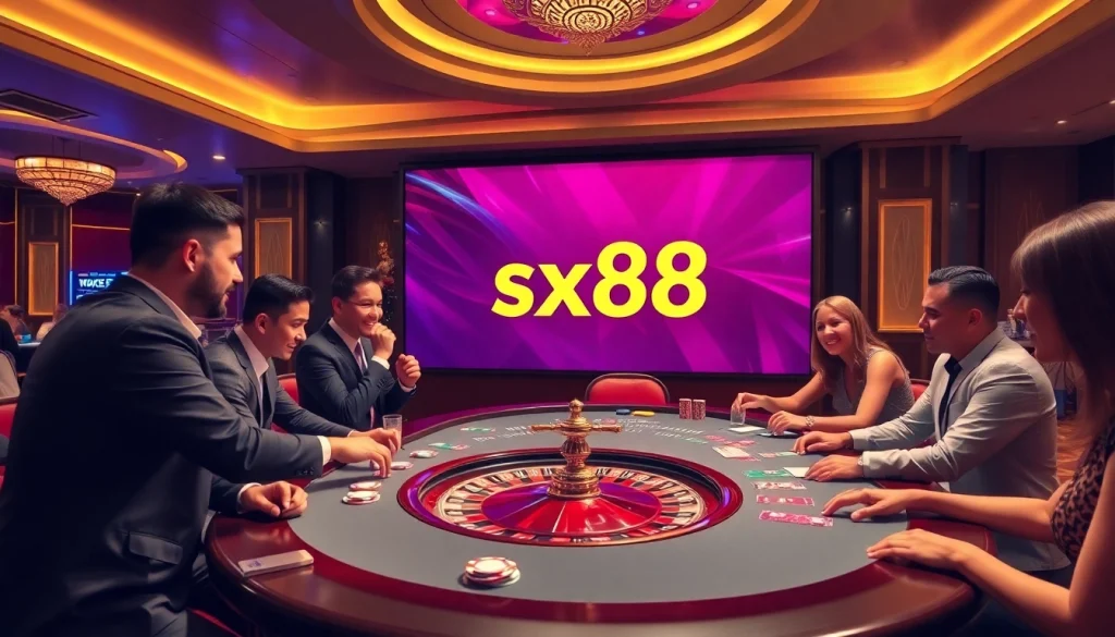 Players celebrate wins at sx88 casino, surrounded by glamorous gaming tables and poker chips.