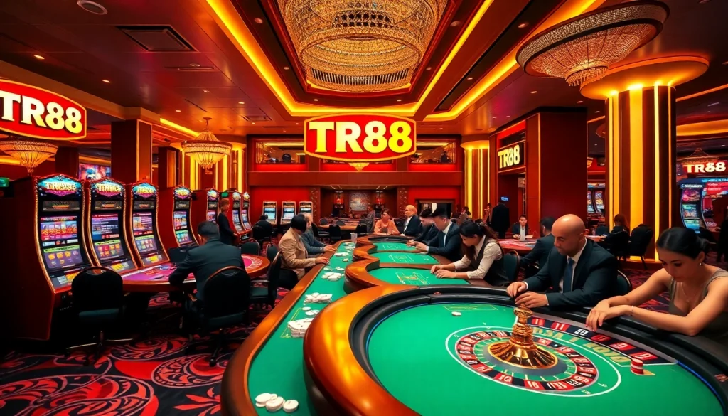 Experience thrilling gameplay at the TR88 casino, featuring poker tables, vibrant slot machines, and exciting roulette.