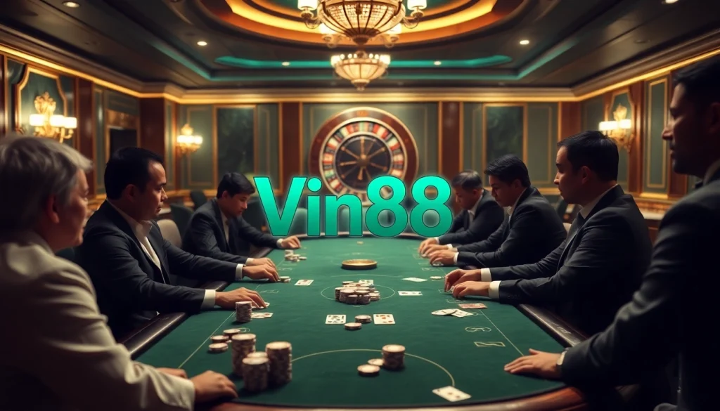 Experience the excitement of Vin88 with professional poker players at a luxurious casino table.