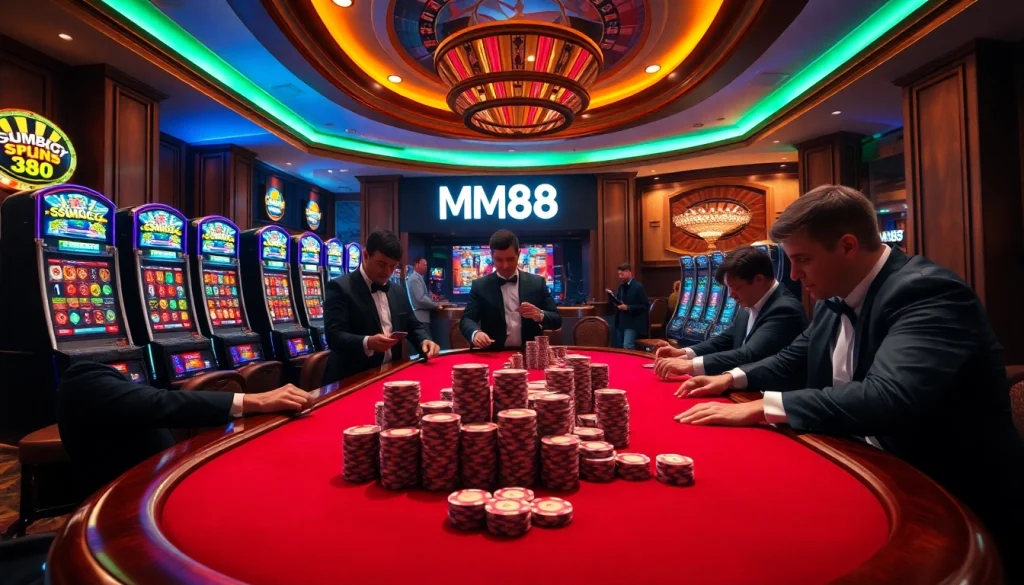 Experience the thrill of MM88 at a luxurious casino with vibrant poker tables and exciting slot machines.