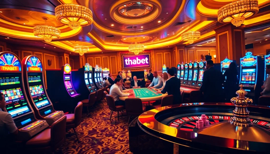 Visualize high-stakes gambling at THABET link casino with vibrant tables and elegant players.