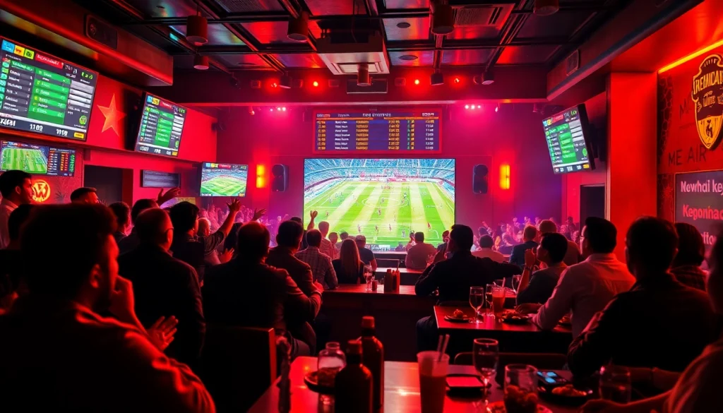 Exciting Keonhacai football betting atmosphere in a lively sports bar.