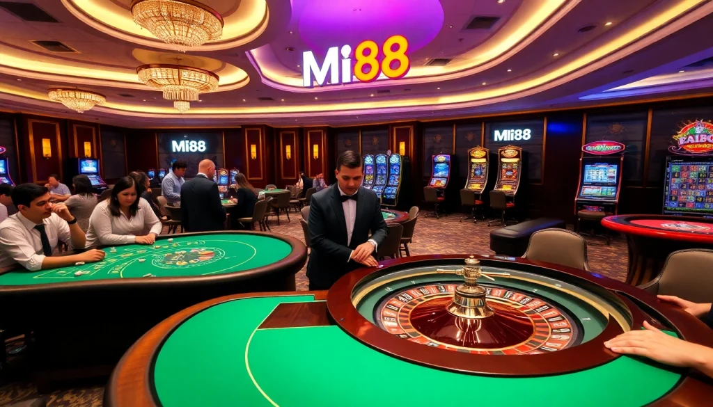 Exciting MI88 casino scene with live games, poker tables, and vibrant slot machines.