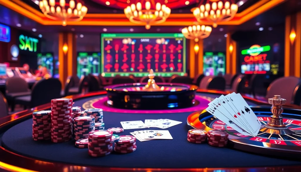 Experience the thrill of gambling with a casino scene showcasing truy cập SHBET chính thức, luxurious tables, and vibrant chips.