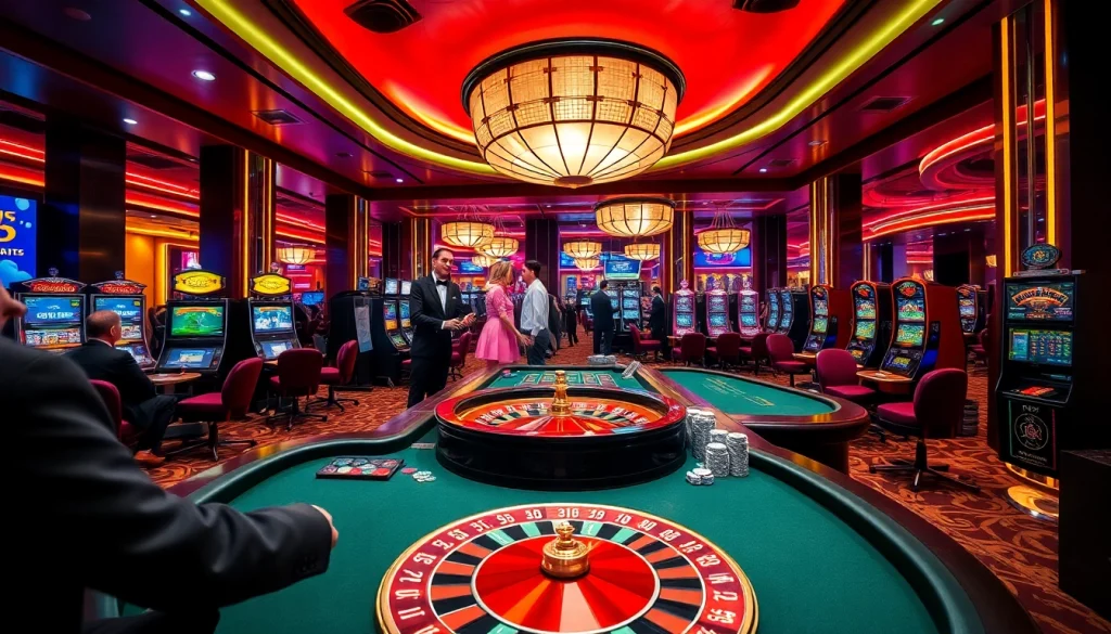 Engaging players in a luxurious KK55 casino setting with roulette, poker, and slot machines.