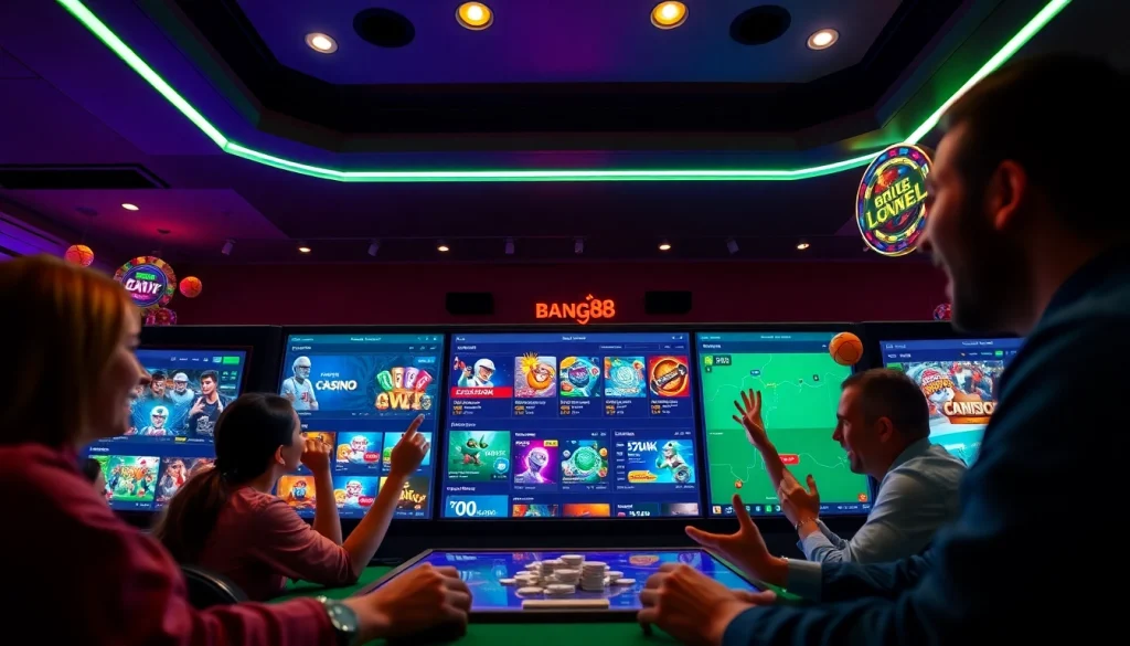 Explore the dynamic gaming atmosphere of https://bong88.casino/ showcasing excited players in a modern online casino setup.