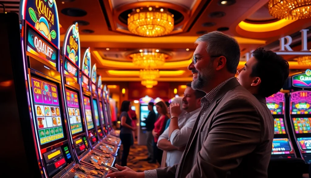 Player engaging with a QQALFA slot machine amidst a bustling casino environment.