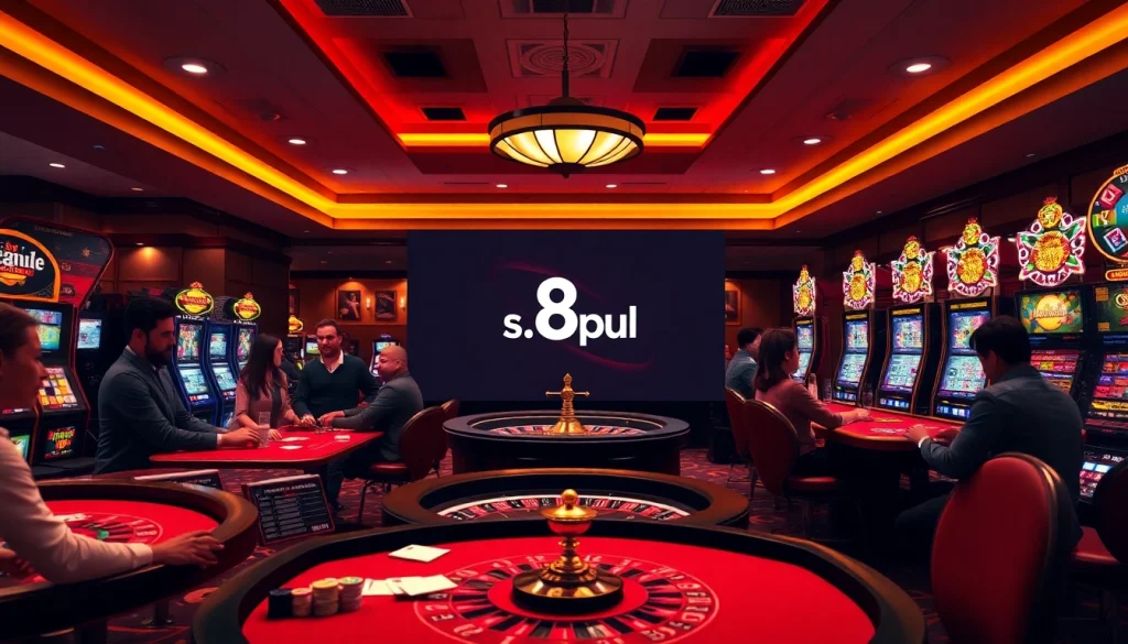Players enjoying casino games at s8.pub under luxurious lighting.