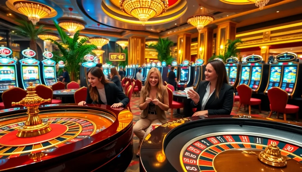 Mocbai casino scene showcasing luxury gaming tables and engaging players in a vibrant atmosphere.