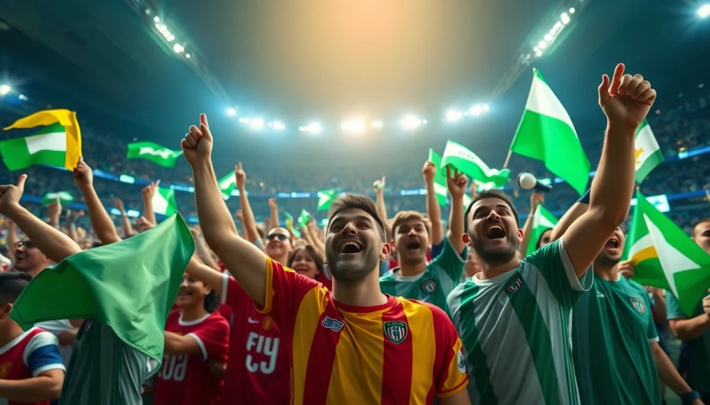 Bongdanet football fans celebrating in a stadium, showcasing excitement and community spirit.