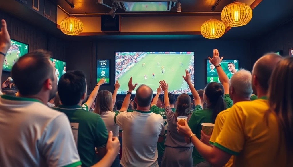 Excited fans enjoying a football match via luongsontv in a lively sports lounge.
