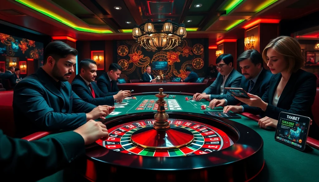 Players engaging in thrilling gameplay at THABET casino table with chips and cards.