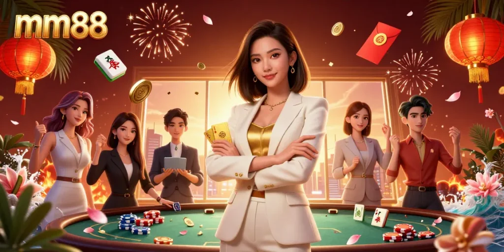 Enjoy thrilling gameplay at mm88, where a confident Asian woman showcases poker skills amid vibrant casino elements.
