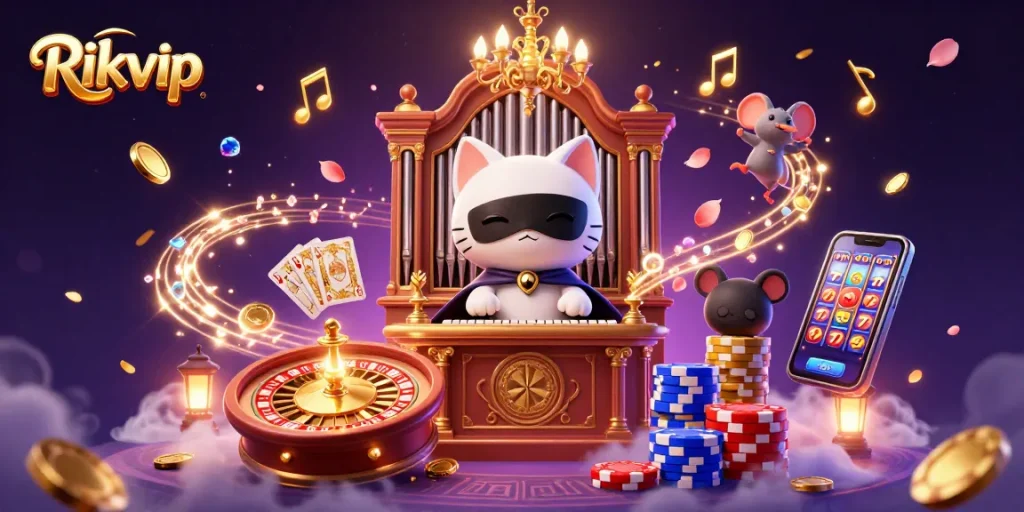 Rikvip showcases a lively gaming atmosphere with a dynamic 3D casino scene, featuring a charming cat at an organ.